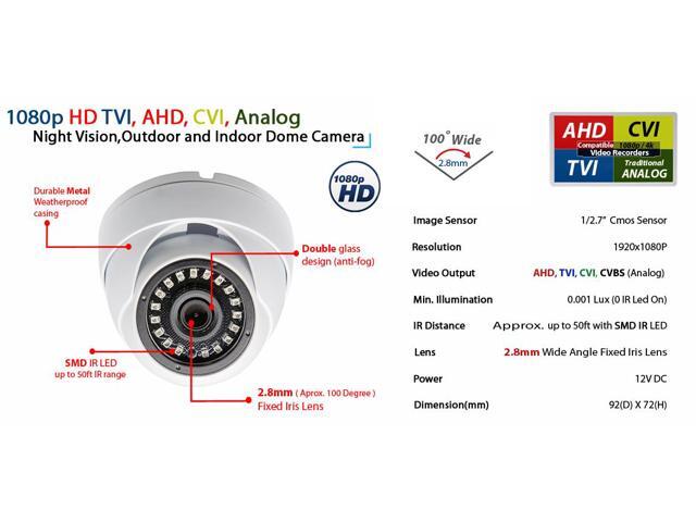 Evertech 1080P HD Dome Security Camera Indoor Outdoor Surveillance Night Vision Waterproof Wide Angle 4in1 Compatible with AHD TVI CVI Analog (16...