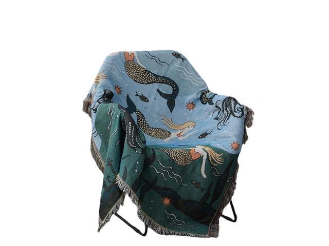 Anyhouz Throw Blanket Blue Faux Cashmere Sofa Cover Mermaid Pattern Tassel 130*160cm