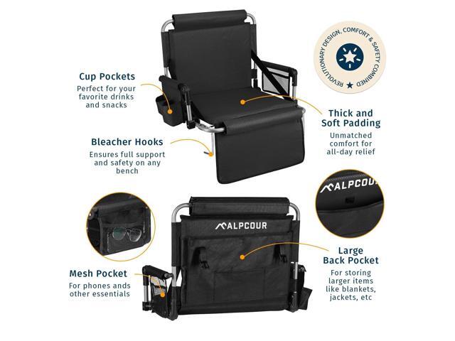 Alpcour Folding Stadium Seat with Back Support Deluxe Waterproof Cushion Chair for Bleachers w/Arm Rests, Storage Pockets, Cup Holder & Shoulder...