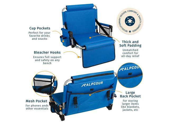 Alpcour Folding Stadium Seat with Back Support Deluxe Waterproof Cushion Chair for Bleachers w/Arm Rests, Storage Pockets, Cup Holder & Shoulder...