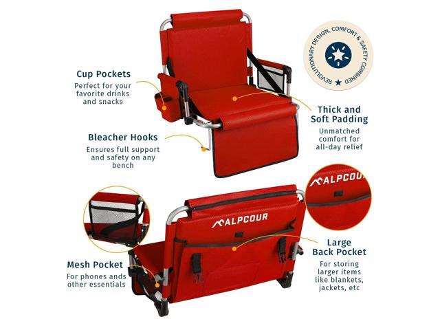 Alpcour Folding Stadium Seat with Back Support Deluxe Waterproof Cushion Chair for Bleachers w/Arm Rests, Storage Pockets, Cup Holder & Shoulder...