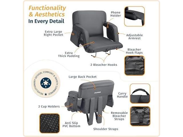 Reclining Stadium Seats for Bleachers with Back Support Wide Bleacher Chair Cushion, Armrests, Large Pockets, and Multiple Safety Features Best...