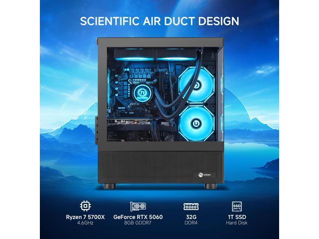 Ningmei Gaming Desktop Computer PC, AMD Ryzen 7 5700X, RTX 5060, 32GB DDR4 RAM, 1TB NVME SSD, 240 Liquid Cooler, 650W PSU, Wi-Fi, ARGB Fans, Game...