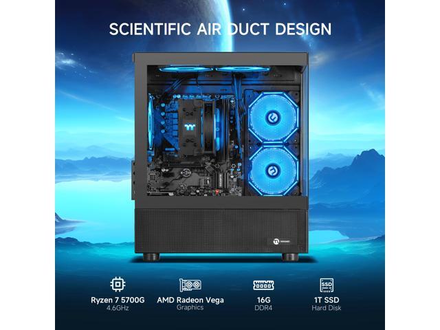 Ningmei Gaming PC Desktop, AMD Ryzen 7 5700G 8 core 3.8GHz (up to 4.6GHz), 16GB DDR4 RAM 3200MHz, 1TB NVME SSD, 550W PSU, Game Design Office...