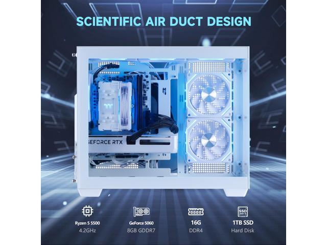 MLOONG Gaming PC, AMD Ryzen 5 5500 4.2 GHz, GeForce RTX 5060 8GB Desktop Computer, 1TB NVMe SSD, 16GB DDR4 3200MHz, Air Cooled Prebuilt, 650W PSU,...