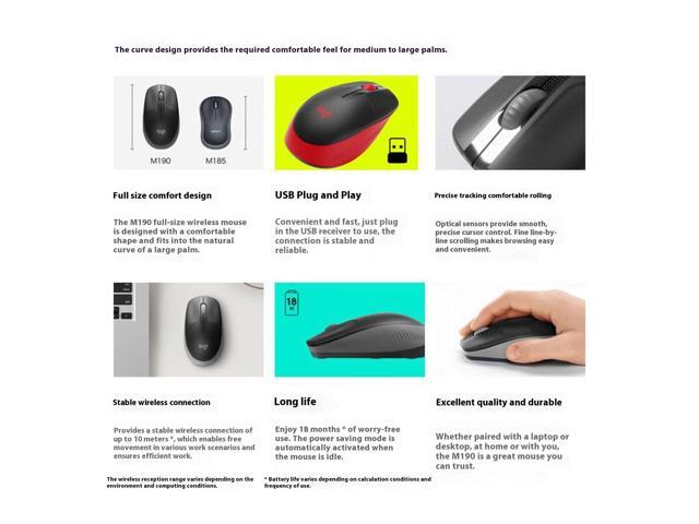 Logitech M190 Wireless Mouse, Office Home Symmetrical Mouse with Wireless Micro Receiver, Full Size, 1000dpi, 3 Buttons, for Windows 10,11, macOS...
