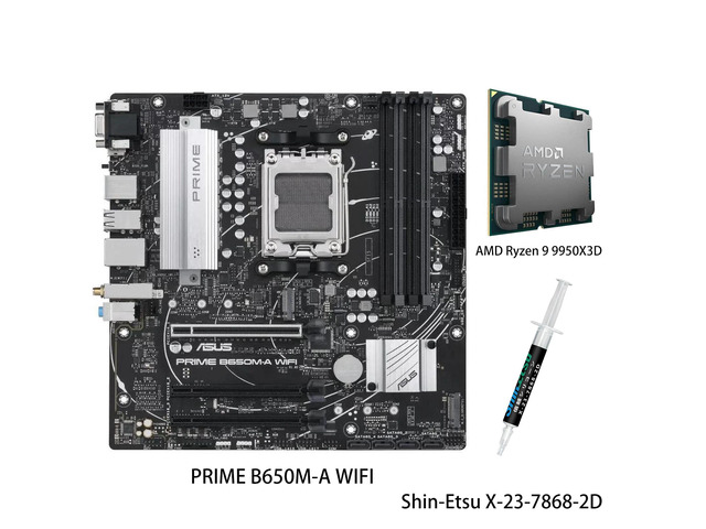 PRIME B650M-A WIFI Motherboard & AMD Ryzen 9 9950X3D CPU Combo, AMD B650 Micro-ATX motherboard, DDR5,PCIe 5.0 M.2, Realtek 2.5G NIC,Wi-Fi 6,SATA 6...