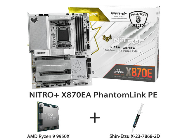 Sapphire NITRO+ X870EA PhantomLink PE AM5 ATX Motherboard + AMD Ryzen 9 9950X 16-Core 32-Thread Zen5 Flagship CPU Combo 16+2+1 90A Power, WiFi 7,...