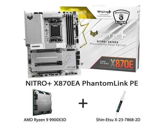 Sapphire NITRO+ X870EA PhantomLink PE AM5 ATX Motherboard + AMD Ryzen 9 9900X3D 12-Core Zen5 3D V-Cache Flagship CPU Combo 16+2+1 90A Power, WiFi...