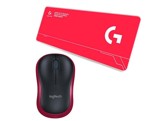 Logitech M186 Wireless Office Mouse + DESK MAT F005-1-red Fine Surface Mouse Pad Combo, 1000DPI, 3 Buttons, 2.4G Receiver, Black with Blue Trim,...