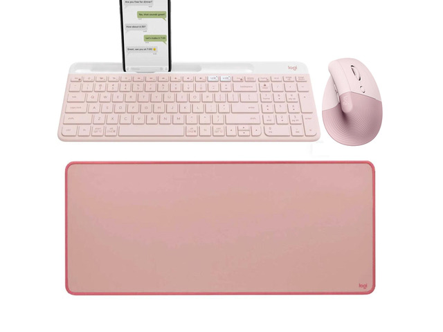 Logitech Lift Vertical + K580 + STUDIO Series Desk Pad Pink Bundle, Wireless Ergonomic Mouse, Ultra Thin Silent Office Keyboard, Desk Pad...