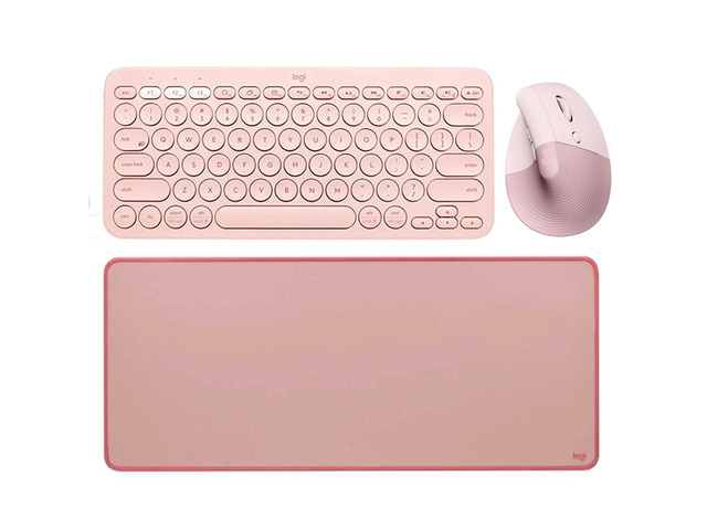 Logitech Lift Vertical + K380 + STUDIO Series Desk Pad Pink Bundle, Wireless Ergonomic Mouse, Silent MultiDevice Keyboard, Desk Pad...