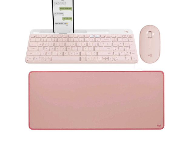 Logitech PEBBLE M350 + K580 + STUDIO Series Desk Pad Pink Bundle, Wireless Silent Symmetrical Mouse, Ultra Thin Silent Office Keyboard, Desk Pad...