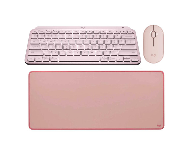 Logitech PEBBLE M350 + MX Keys Mini + STUDIO Series Desk Pad Pink Bundle, Wireless Silent Symmetrical Mouse, Minimalist Backlit Compact Keyboard,...