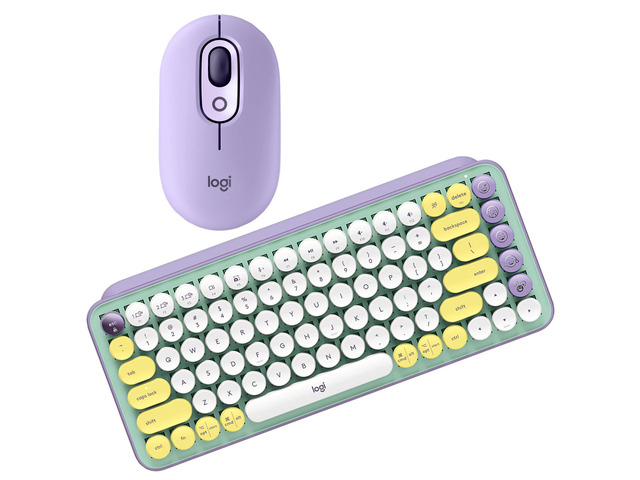 Logitech POP Keys + POP Mouse, Retro Mechanical Keyboard & Mouse - Wireless Combo, with Changeable Emoji Caps, 36-Month Battery, Daydream purple