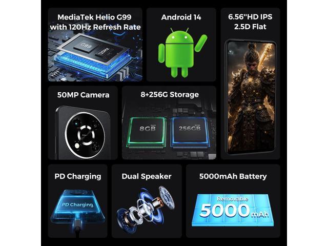 FOXX G1 Gaming Smartphone Unlocked 4G Cellphone 6.56'' HD Display 120Hz 50MP Camera Android 14 Smartphone 8+256GB 5000mAh Battery Fast Charging...