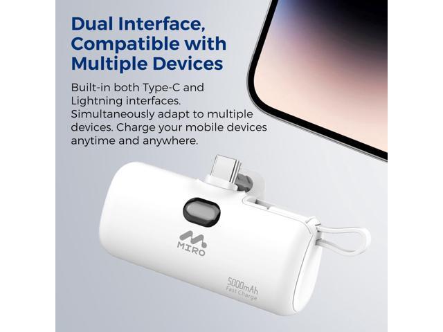 MIRO B3 Power Bank - 5000mAh Compact Portable Charger, 22.5W Fast Charge, Dual Interface (Type - C & Lightning), White Capsule Design