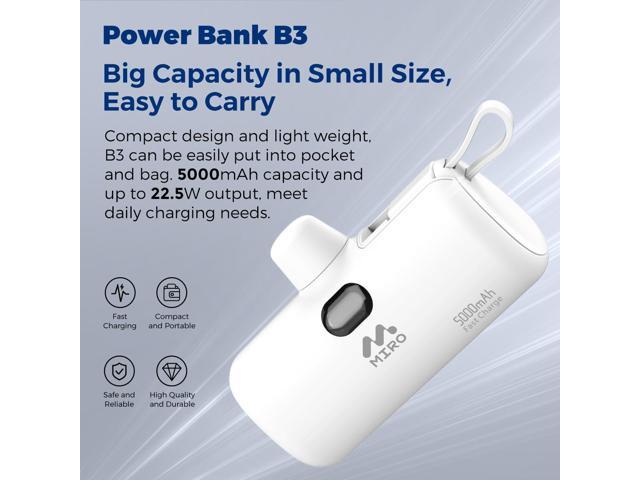 MIRO B3 Power Bank - 5000mAh Compact Portable Charger, 22.5W Fast Charge, Dual Interface (Type - C & Lightning), White Capsule Design