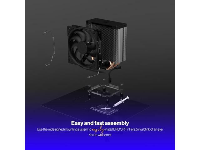 ENDORFY Fera 5, high performance CPU cooler, 120 mm PWM Fluctus fan, compatible with AM5, AM4, LGA1700, LGA1200, LGA1150 etc., TDP 220W, EY3A005