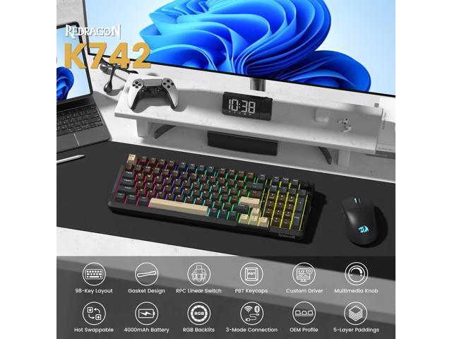 Redragon K742 Wireless Mechanical Gaming Keyboard with Knob, Bluetooth 5.0/2.4GHz/USB C Wired Creamy Keyboard with Number Pad for PC Computer, RGB...