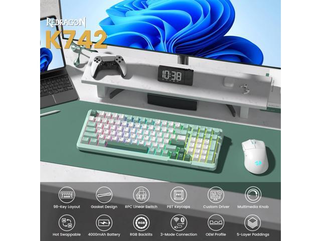 Redragon K742 Wireless Mechanical Gaming Keyboard with Knob, Bluetooth 5.0/2.4GHz/USB C Wired Creamy Keyboard with Number Pad for PC Computer, RGB...