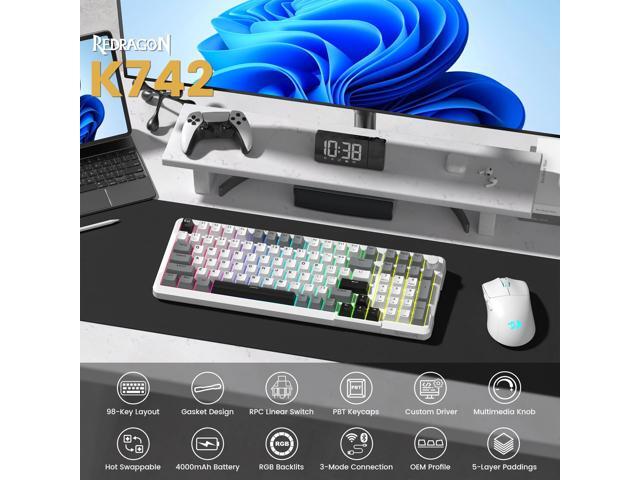 Redragon K742 Wireless Mechanical Gaming Keyboard with Knob, Bluetooth 5.0/2.4GHz/USB C Wired Creamy Keyboard with Number Pad for PC Computer, RGB...