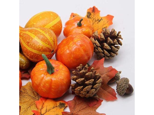 Thanksgiving Artificial Pumpkins Fall Decorations for Home, 50Pcs Fall Decor- 30 Fall Leaves, 10 Acorns, 2 Pinecones, 8 Fake Pumpkins, Harvest...