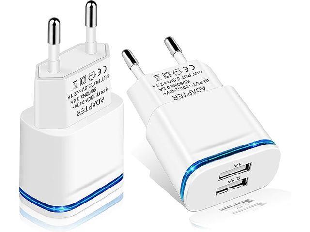 European Plug Adapter, 2-Pack Travel Charger 2.1A/5V Dual Port USB Wall Charging Block Power Cube Adaptor Brick Box for iPhone, Android for US to...