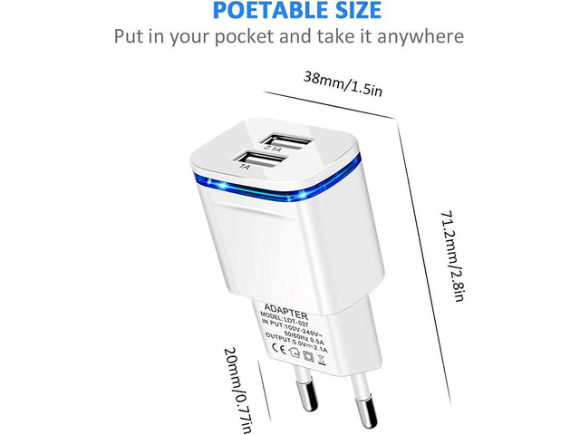 European Plug Adapter, 2-Pack Travel Charger 2.1A/5V Dual Port USB Wall Charging Block Power Cube Adaptor Brick Box for iPhone, Android for US to...