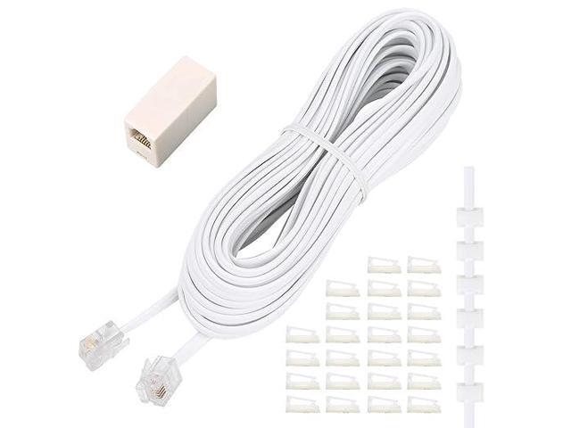 Phone Extension Cord 33 Ft, Telephone Cable with Standard RJ11 Plug and 1 in-Line Couplers and 20 Cable Clip Holders, White