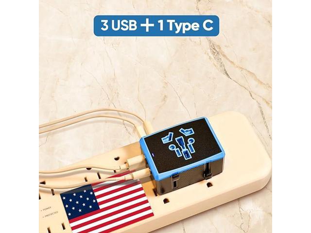 1920W, Universal Travel Adapter with Auto-Reset Fuse - 4-in-1 International Power Charger (3 USB + 1 Type C) for Europe, UK, US, AU, Asia -...