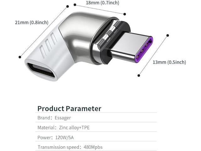 Magnetic USB C Adapter,Right Angle Magnetic USB C to USB Type C Connector with PD 120W Fast Charge & 480Mbps Data Transfer Compatible with MacBook...