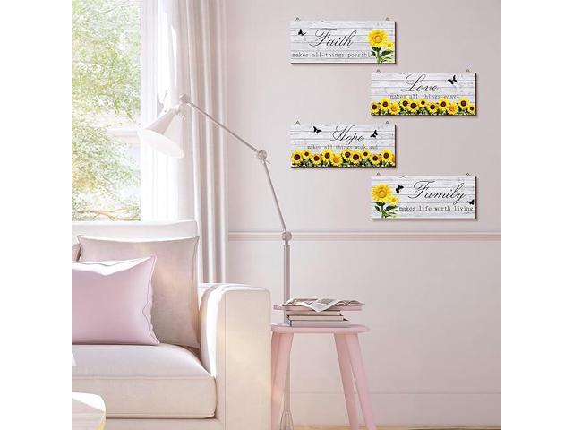 4 Pieces Sunflowers Front Porch Door Plaque Sunflower Welcome Wooden Sign Faith Love Hope Family Wood Sign Farmhouse Sunflower Front Porch Hanging...