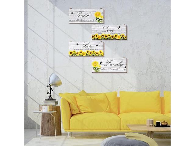 4 Pieces Sunflowers Front Porch Door Plaque Sunflower Welcome Wooden Sign Faith Love Hope Family Wood Sign Farmhouse Sunflower Front Porch Hanging...