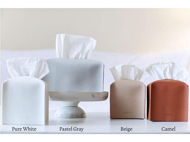 Brown Tissue Box Cover with Bottom Belt - Decorative Faux Leather Organizer for Bathroom, Car, Office