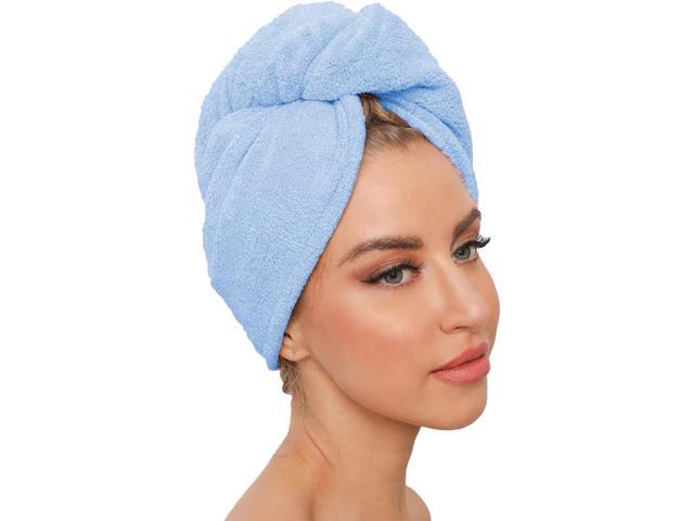 Microfiber Hair Towel 2 Pack; Fast Hair Drying; Water Absorbent Cap for Women; Soft Bath Turban with Buttons (Pink + Blue)