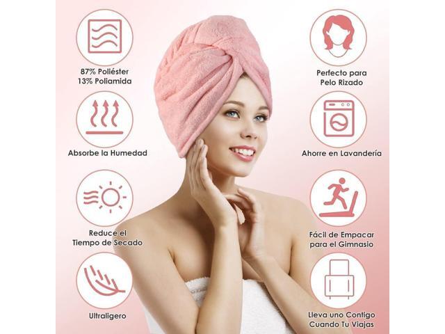 Microfiber Hair Towel 2 Pack; Fast Hair Drying; Water Absorbent Cap for Women; Soft Bath Turban with Buttons (Pink + Blue)