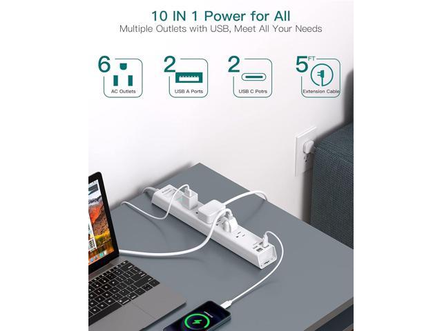 Power Strip Surge Protector with USB C - Flat Plug Extension Cord with 6 AC Outlets 4 USB (2 USB C), Wall Mount, 5ft, 900 J, Multi Plug Outlet...