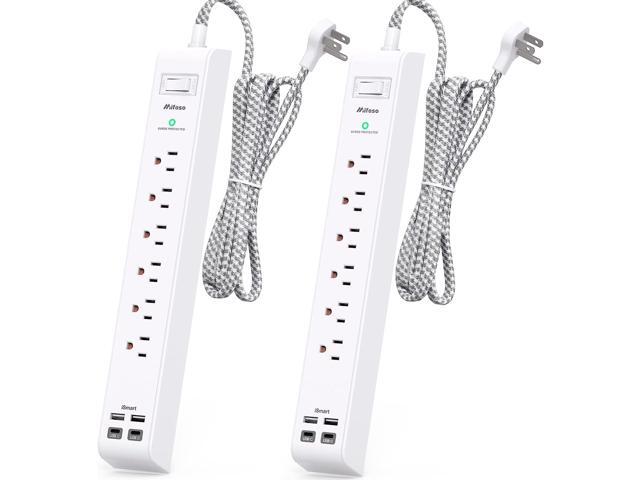 2 Pack Power Strip Surge Protector - 6 Outlets 4 USB Charging Ports, 5Ft Braided Extension Cord, Flat Plug, Overload Protection, Wall Mount for...