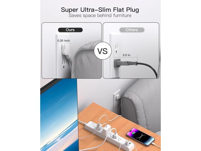 2 Pack Power Strip Surge Protector - 6 Outlets 4 USB Charging Ports, 5Ft Braided Extension Cord, Flat Plug, Overload Protection, Wall Mount for...