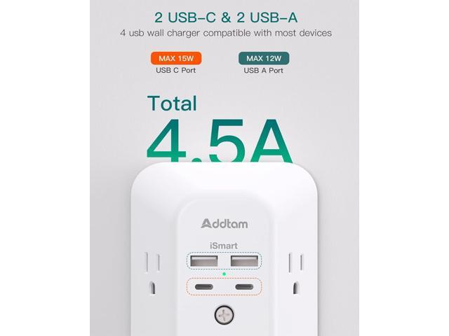 Surge Protector Outlet Extender - Addtam 5-Outlet Splitter with 4 USB Wall Charger(2 USB-C Ports), Multi Plug Outlet Power Strip for Home, Dorm...