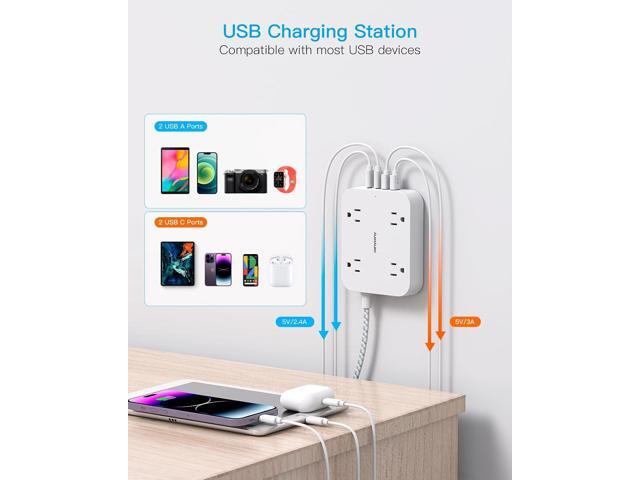 Flat Plug Extension Cord, 5ft Power Strip with 4 USB Ports(2 USB C), 4 Widely Outlets Extender, Wall Mount, Desk Charging Station for Office,...