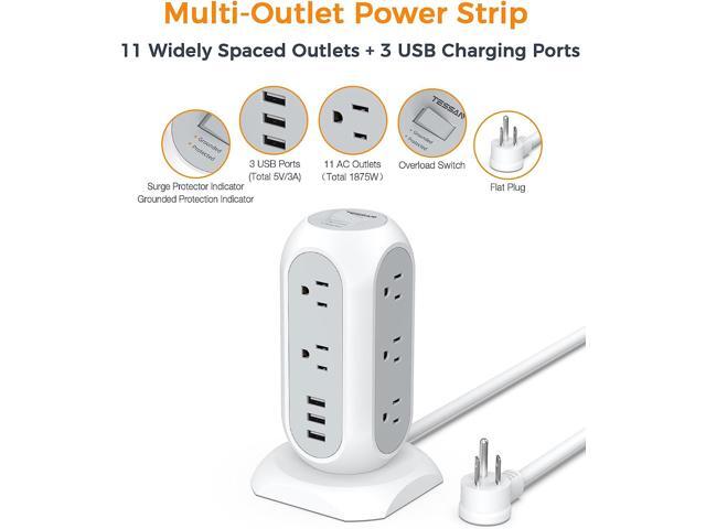 Tower Power Strip with 11 Outlets 3 USB Chargers, TESSAN Surge Protector Tower 1875W/15A, 6 Feet Extension Cord with Multiple Outlets, Flat Plug,...