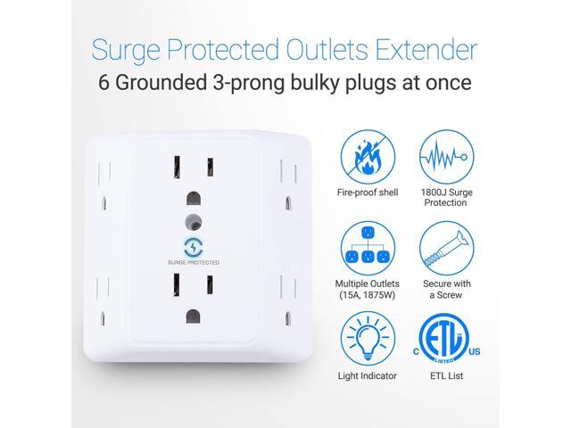 Unidapt Multi Plug 6 Outlet Extender, 2 Pack Surge Protector Wall Splitter, 1800J Power Strip 3 Side Wide Spaced Adapter Multiple Charger Expander,...