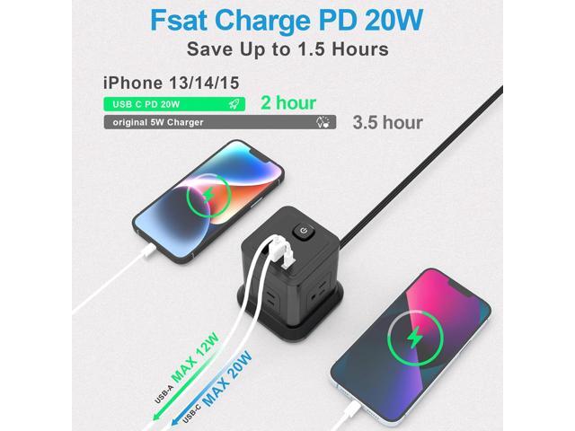 PD 20W USB C Power Strip, FDTEK 10 FT Extension Cord Power Cube Flat Plug Desktop Power Strip with 4 Outlets and 3 USB(C) Space Save Compact for...