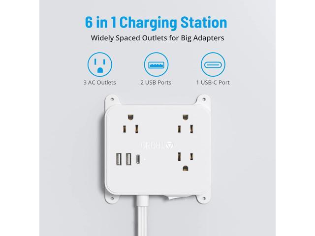 TROND Flat Plug Power Strip, 5FT Ultra Thin Flat Extension Cord, 3 Widely Spaced AC Outlets, 2 USB-A & 1 USB-C Ports, Wall Mount Power Strip,...