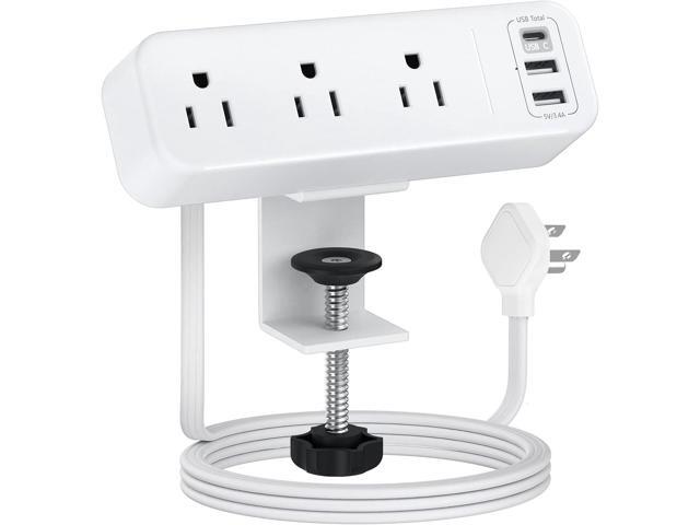 3 Outlet Desk Clamp Power Strip with USB C, White Flat Plug Desktop Edge Power Strip, Desk Mount Clamp Socket Connect 6.5 ft Thin Extension Cord...