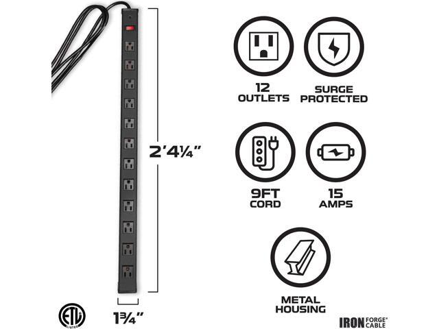 Iron Forge Cable 12 Outlet Heavy Duty Surge Protector Power Strip with Built-in Circuit Breaker, 14/3 SJT Black & Yellow with 9 ft Extension Cord