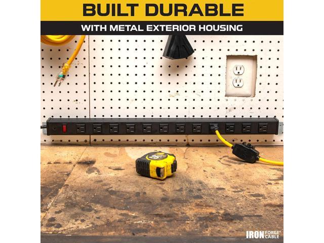 Iron Forge Cable 12 Outlet Heavy Duty Surge Protector Power Strip with Built-in Circuit Breaker, 14/3 SJT Black & Yellow with 9 ft Extension Cord