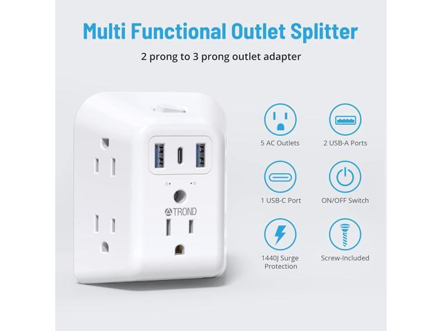 TROND 2 Prong Power Strip USB, 2 to 3 Prong Outlet Adapter, 5 Outlet Splitter with 3 USB Ports(1 USB-C), Wall Mount 1440J Surge Protector with...